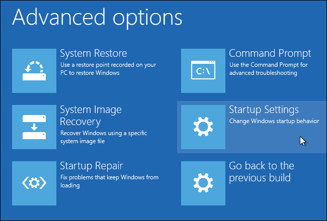 高度なオプションWindows 10でスタートアップ設定を選択します