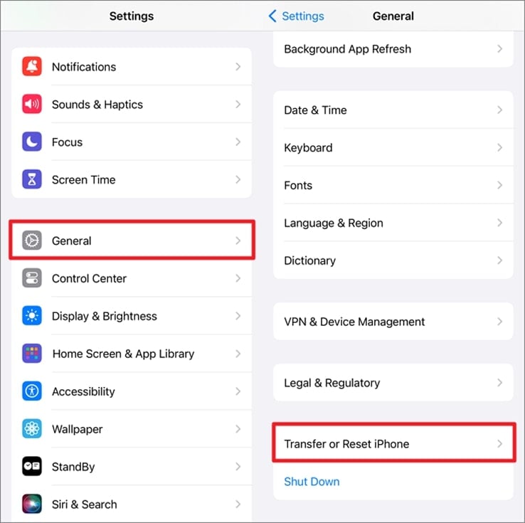 iPhoneの転送またはリセットを選択します