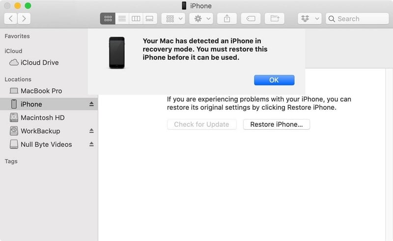 iPhoneをDFUモードで復元するためにiPhoneを修正して、復元画面にスタックします