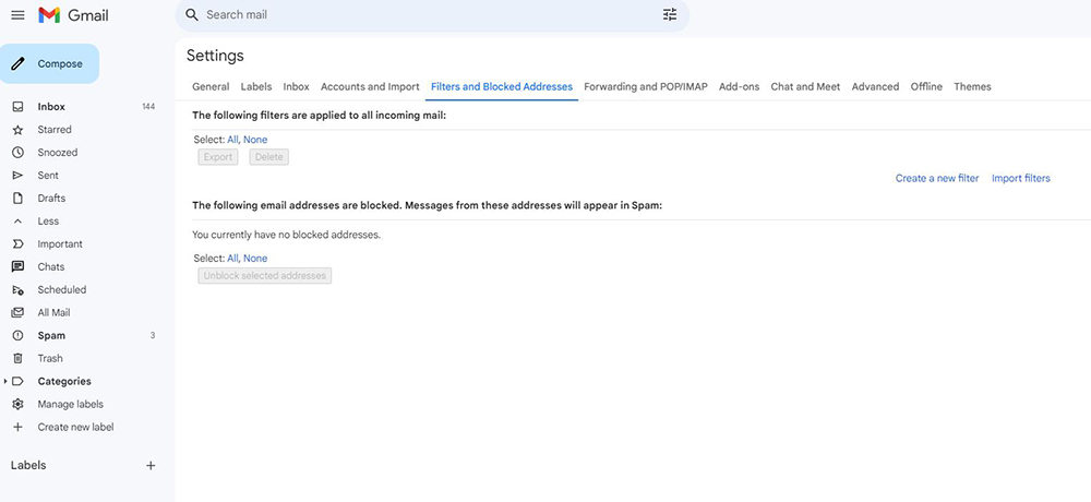Gmailフィルターとブロックされたアドレス