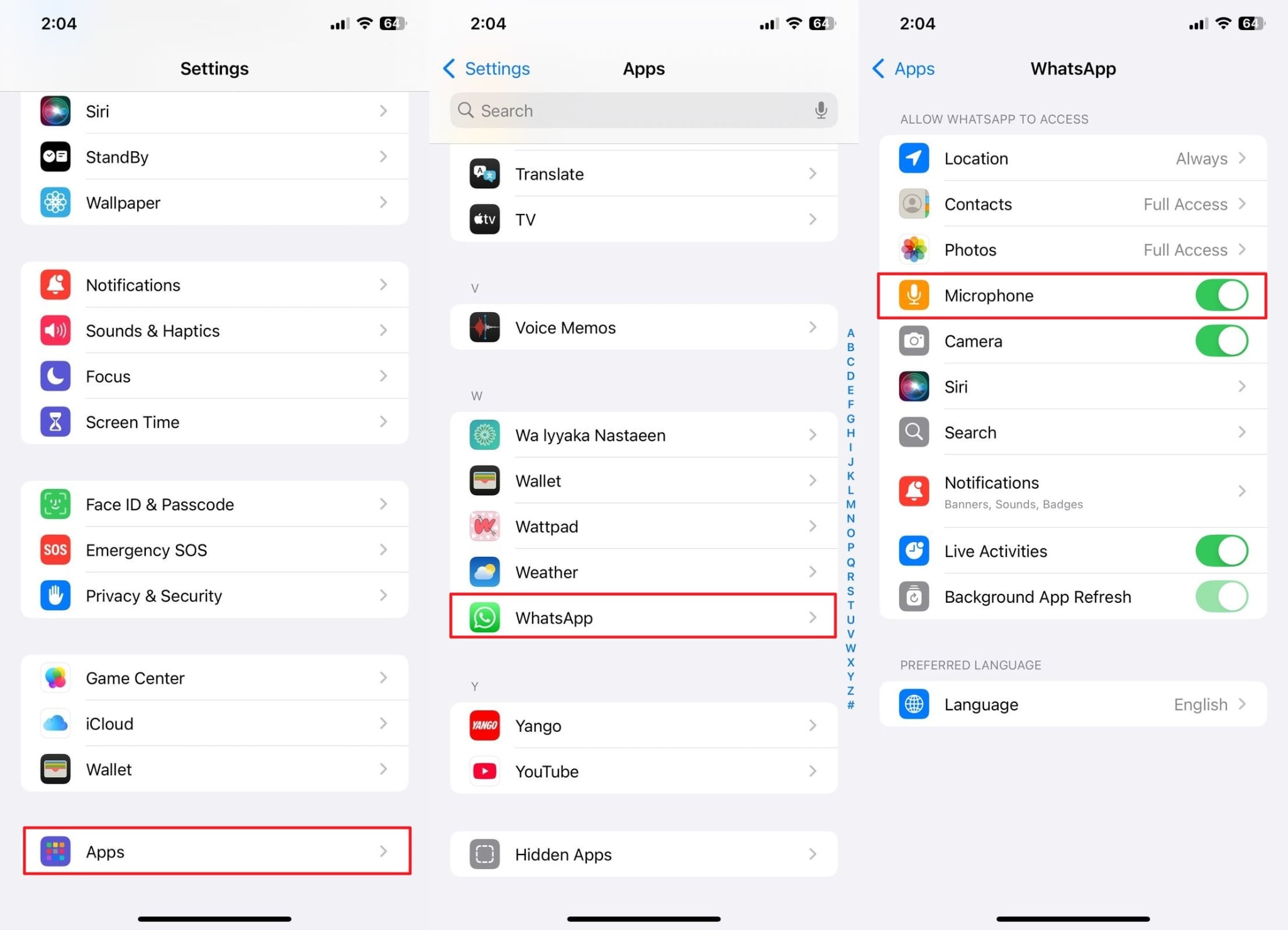 WhatsApp Settings iOSからマイクを切り替えます