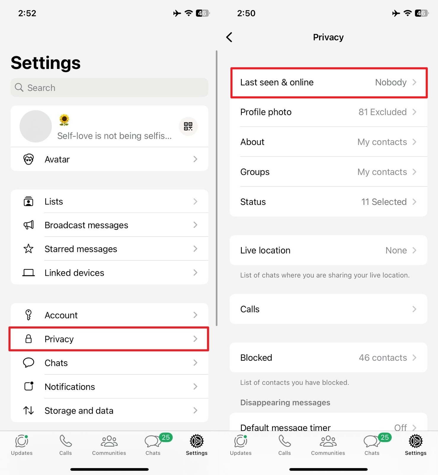 WhatsAppのプライバシー設定にアクセスします