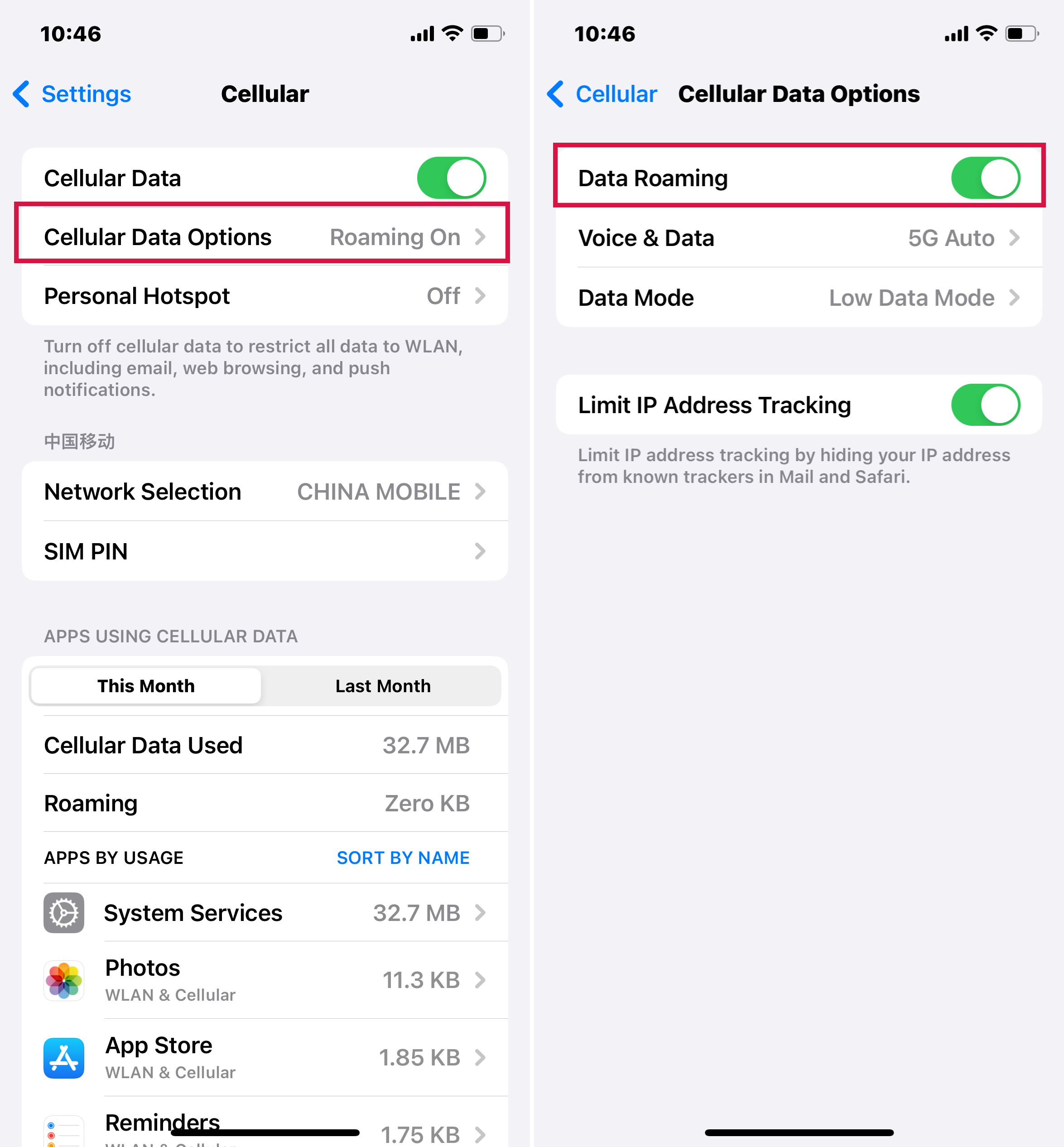 iPhone設定セルラーデータオプションデータローミング