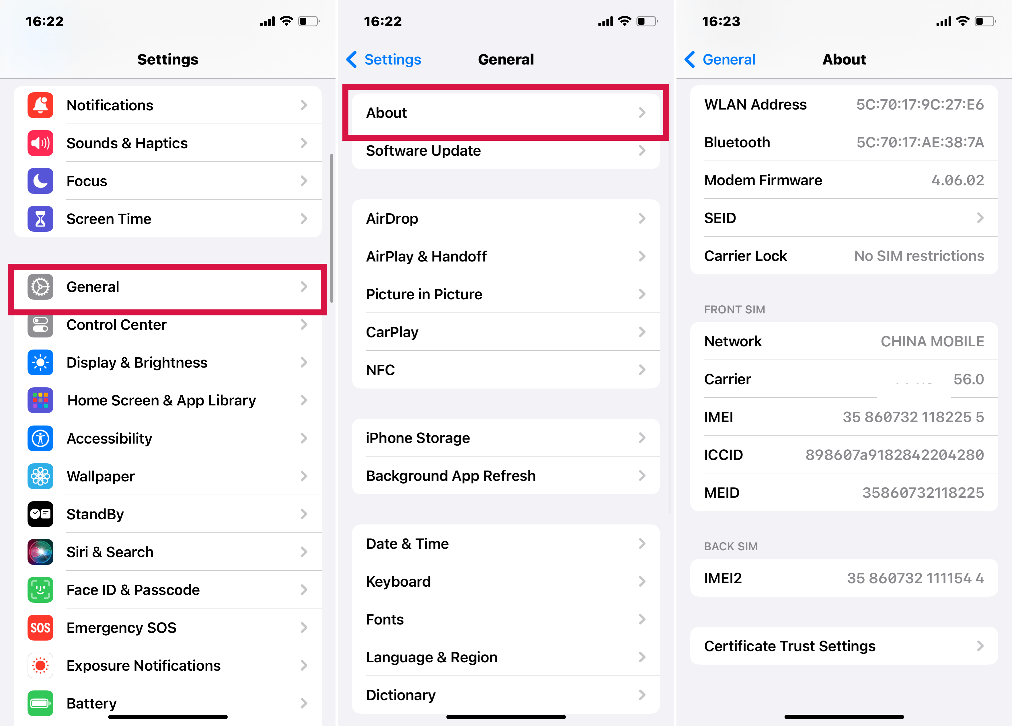 iPhone設定の一般的なキャリアについての一般