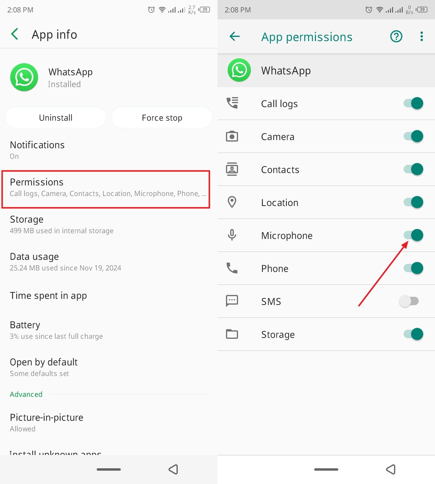 マイク許可を有効にしますAndroid設定