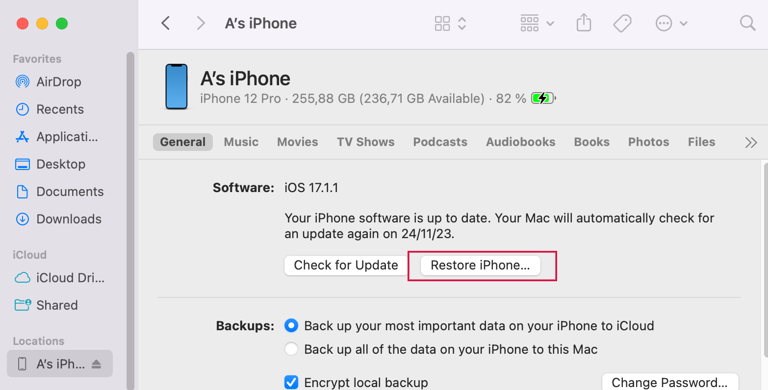 Finderを介してiPhoneを復元します