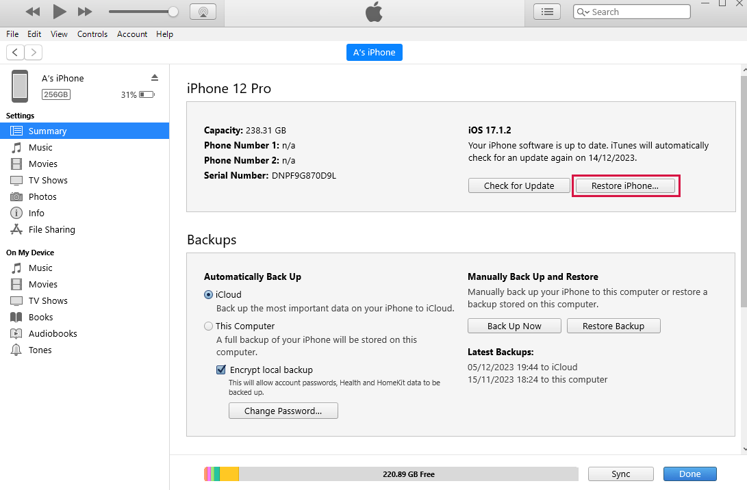 iTunesを使用してiPhoneを復元します