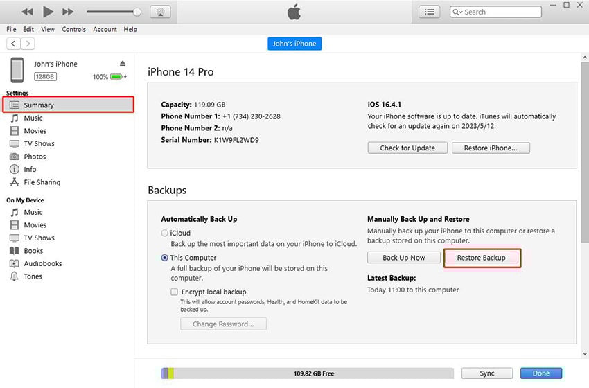 iTunes iPhone 14 Pro iOS 16から復元します