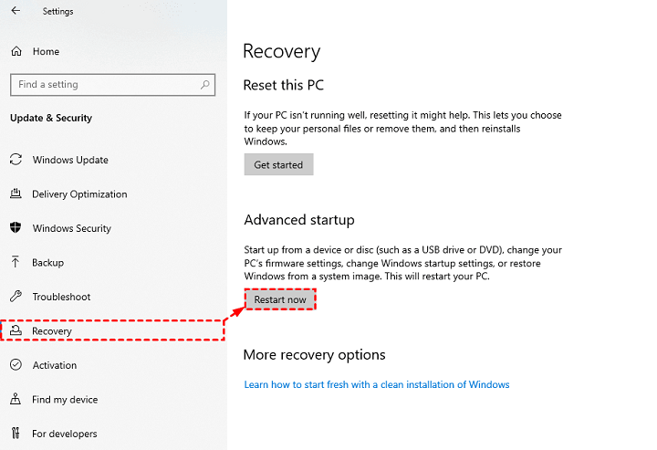 Windows 10の更新とSecurtiyの回復メニュー