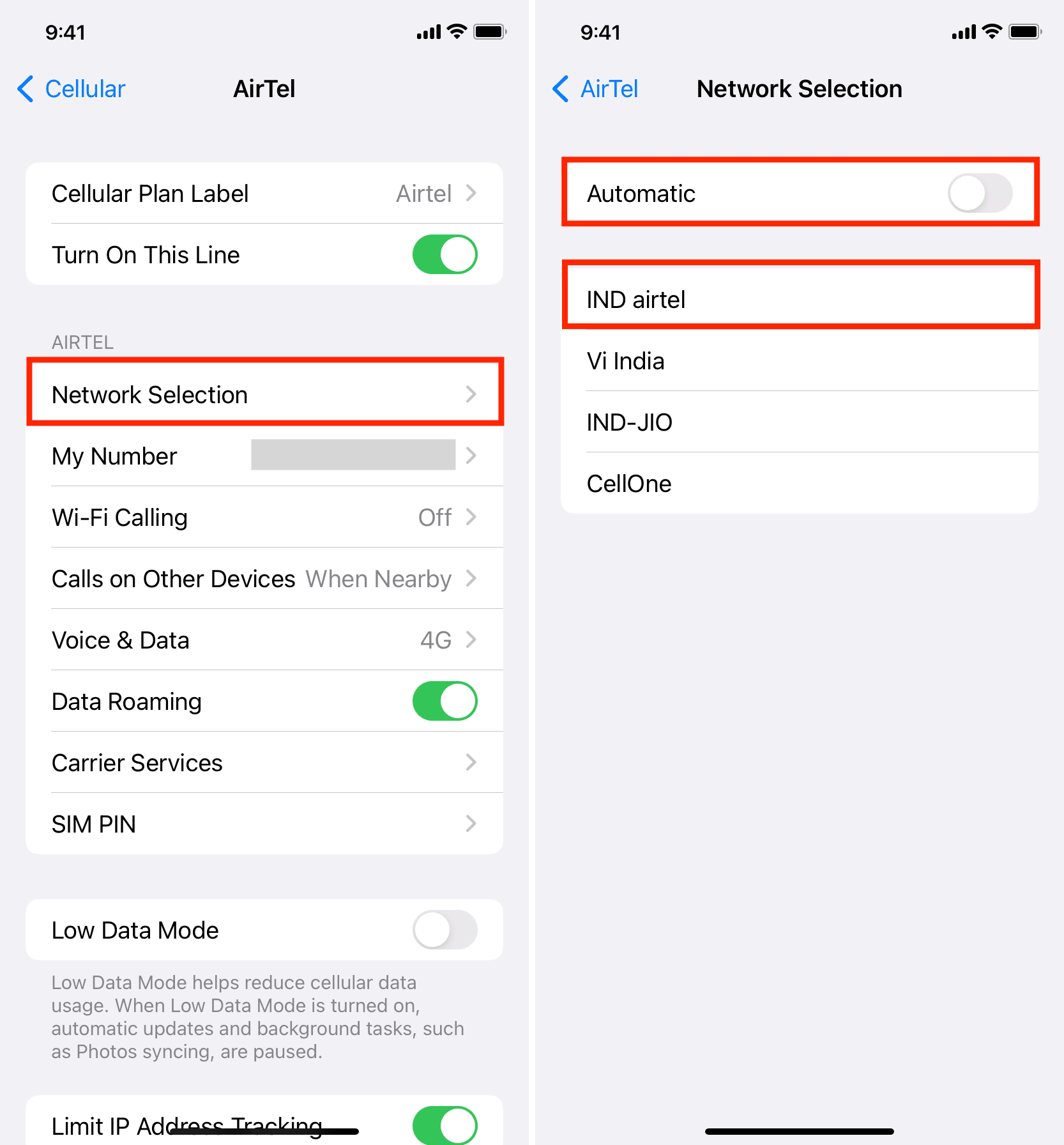 iPhoneの設定を介して携帯電話ネットワークを手動で選択する手順