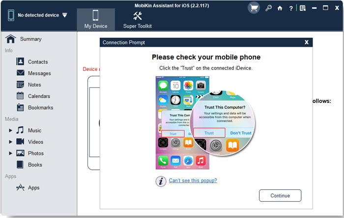 iOSのMobikinアシスタントを起動して、iBooksを転送します