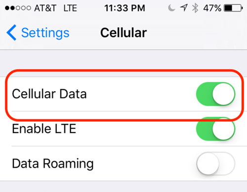 iPhoneのセルラーデータをオンにします