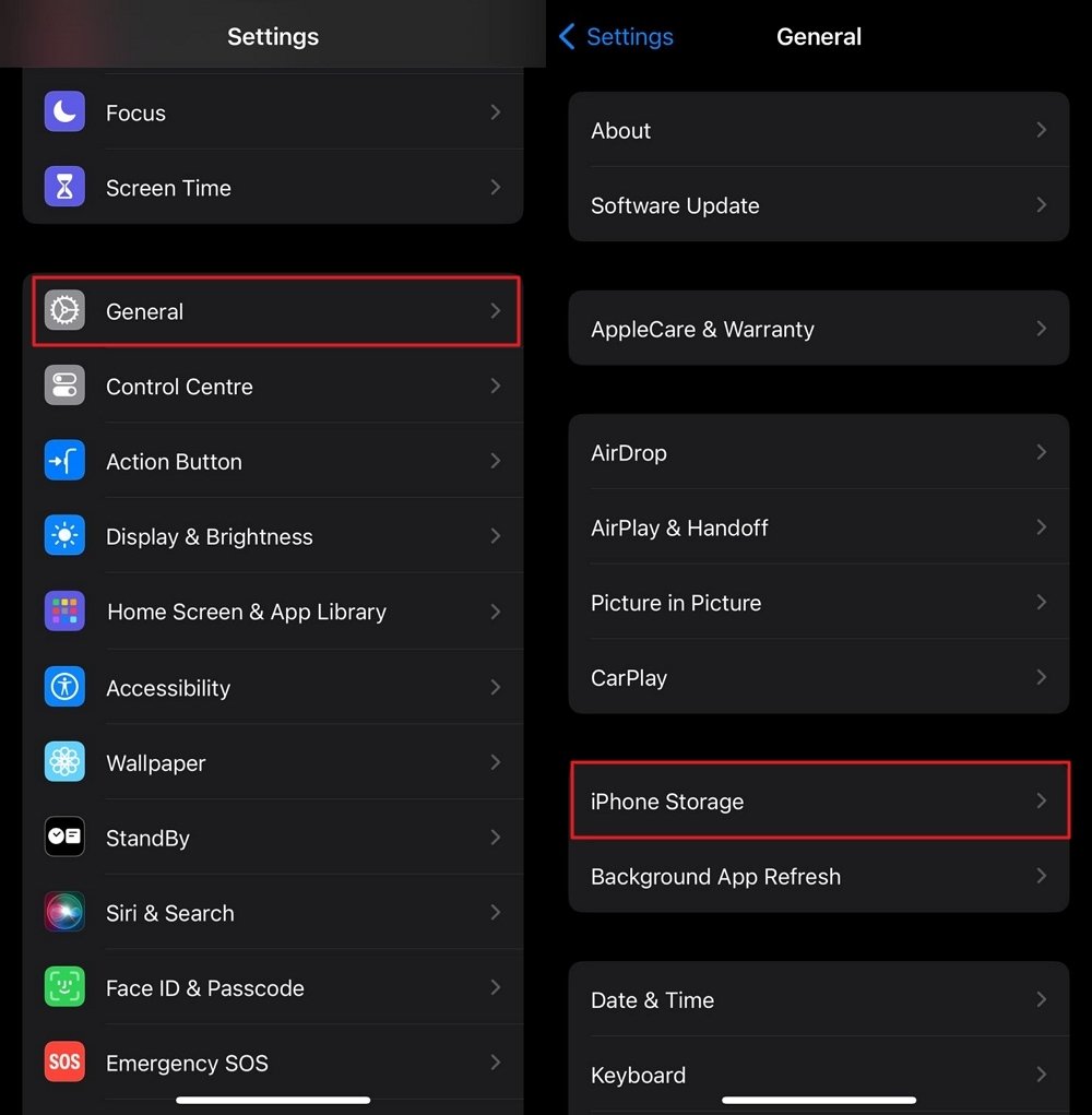 iPhoneストレージオプションをタップします