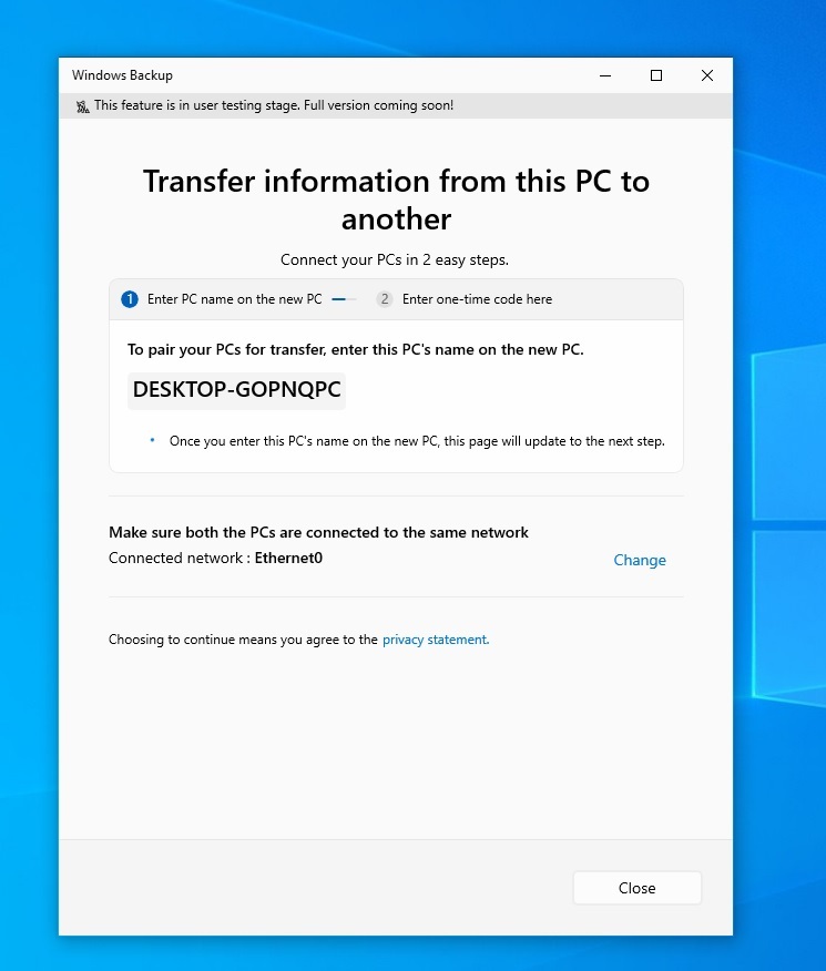 Windows 10 PCからPCへの転送