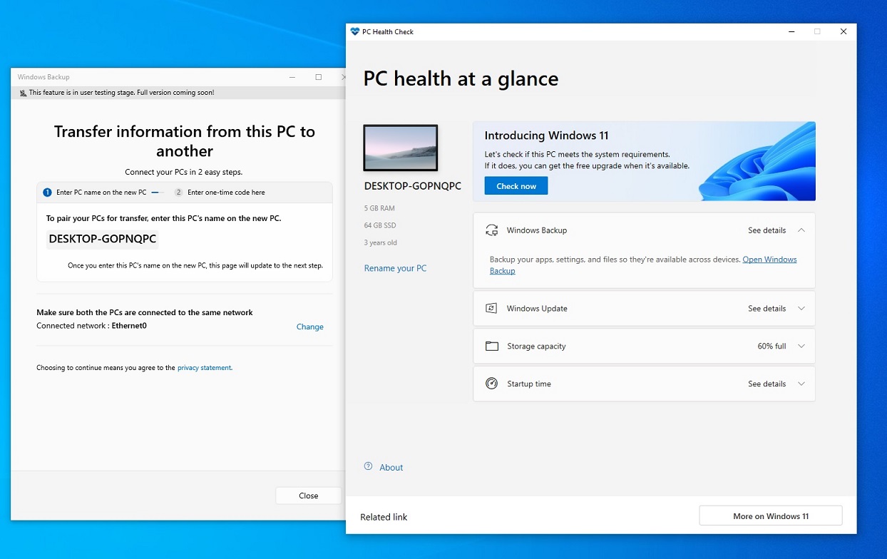Windows PCからPCへの転送