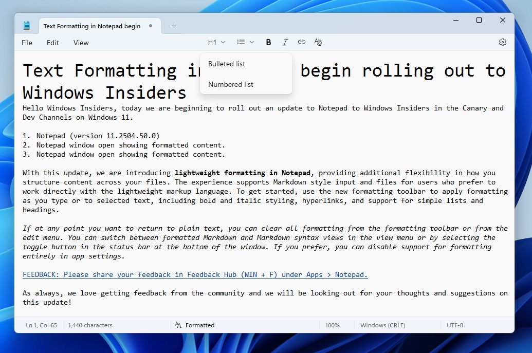 Windows 11の弾丸ポイントのメモ帳のフォーマット