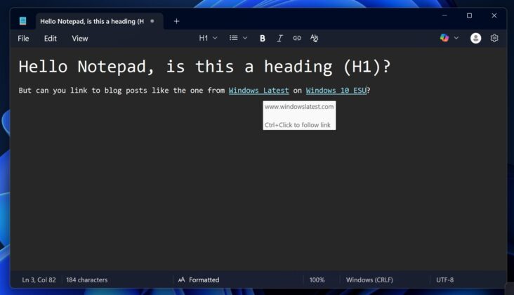 リンクサポートを備えたWindows 11メモ帳